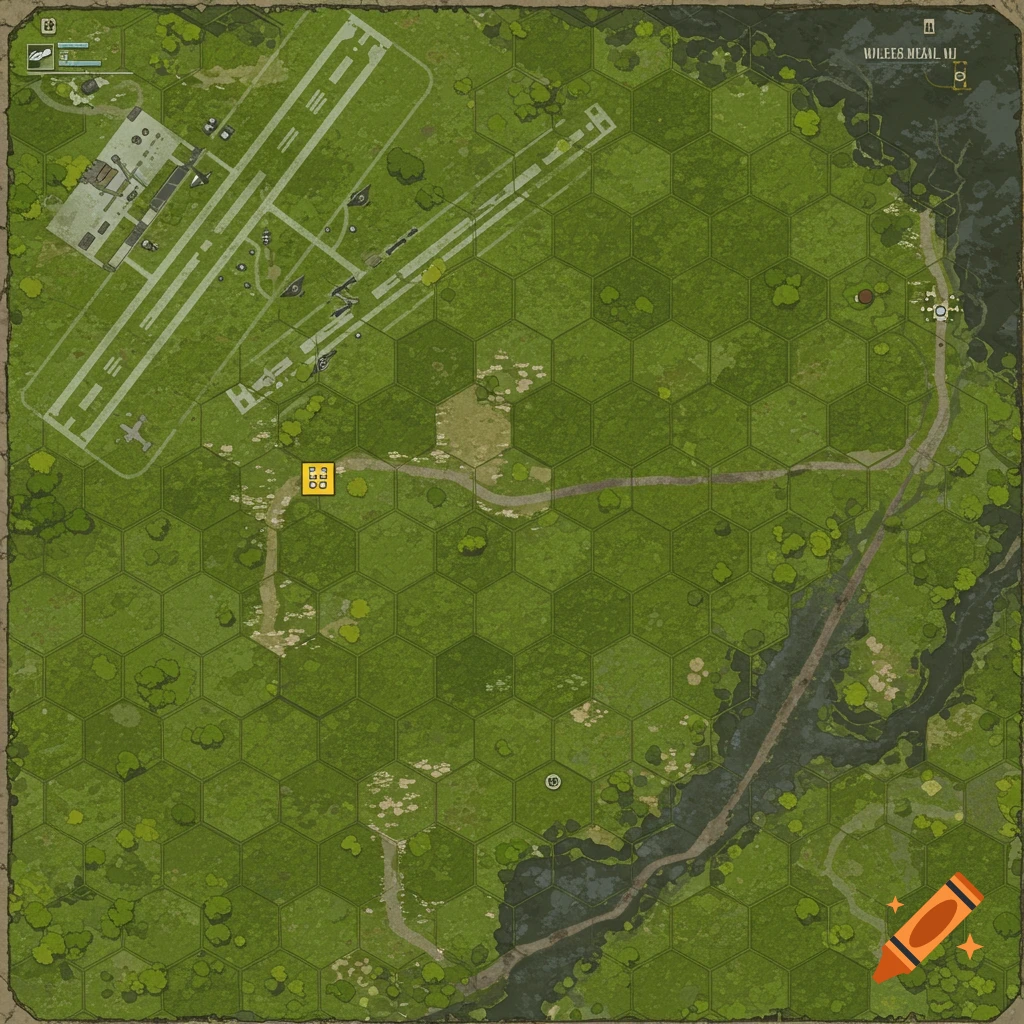 Aerial view of a hexagonal grid map showing an airfield, roads, and terrain.