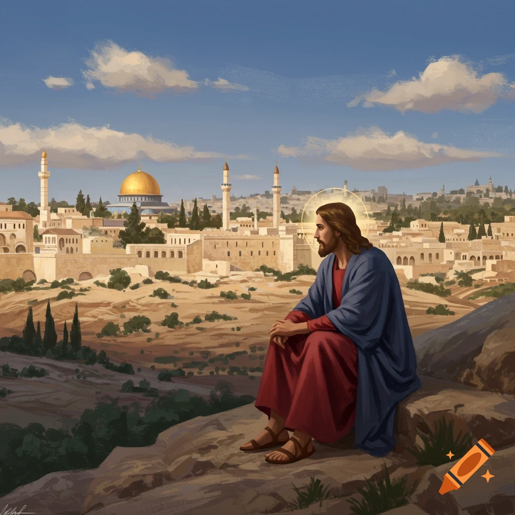 Jesus sits on a rock overlooking an ancient city with a golden dome and minarets, painterly style.
