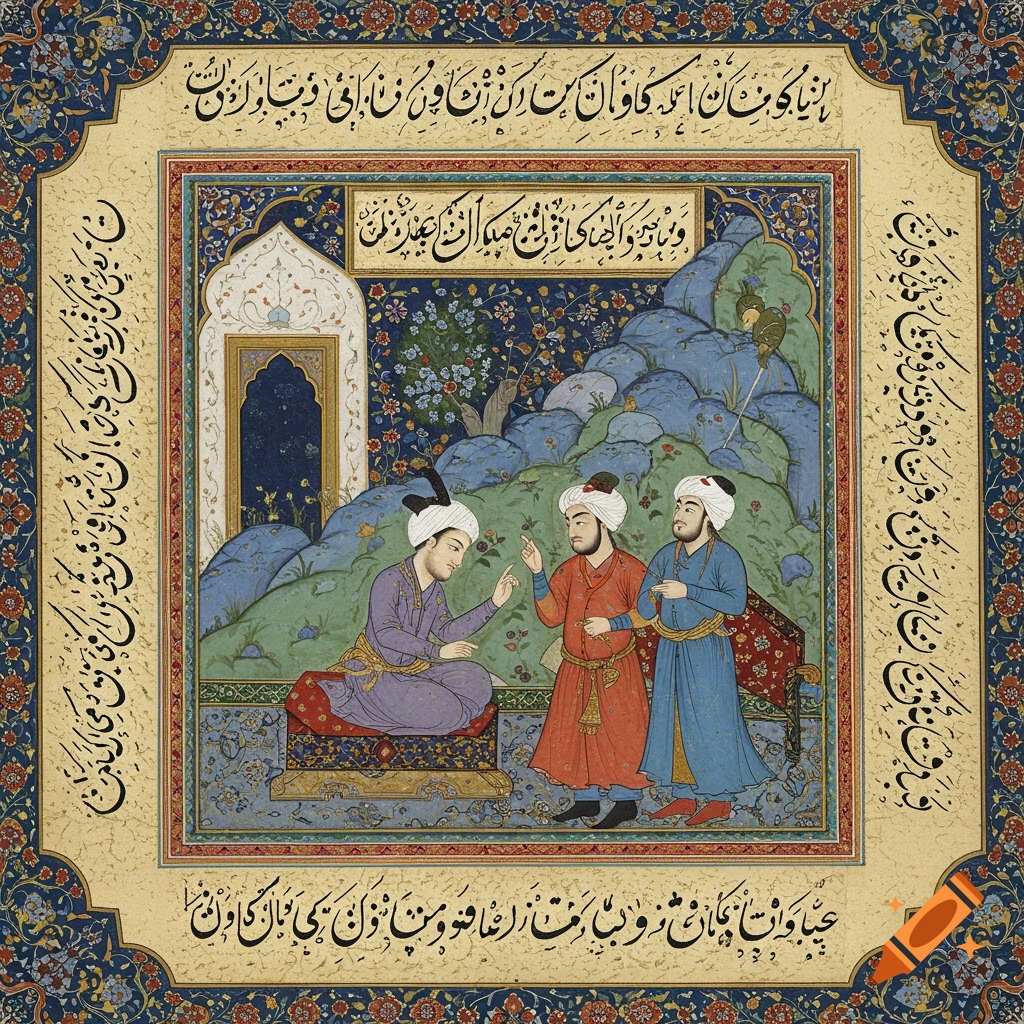 A Persian miniature painting depicting three figures in traditional clothing outdoors with mountains and calligraphy borders.