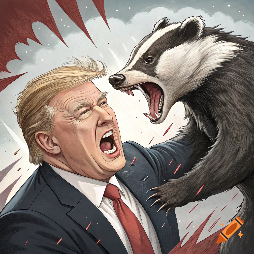 Illustration of a badger attacking a man resembling Donald Trump in a suit.