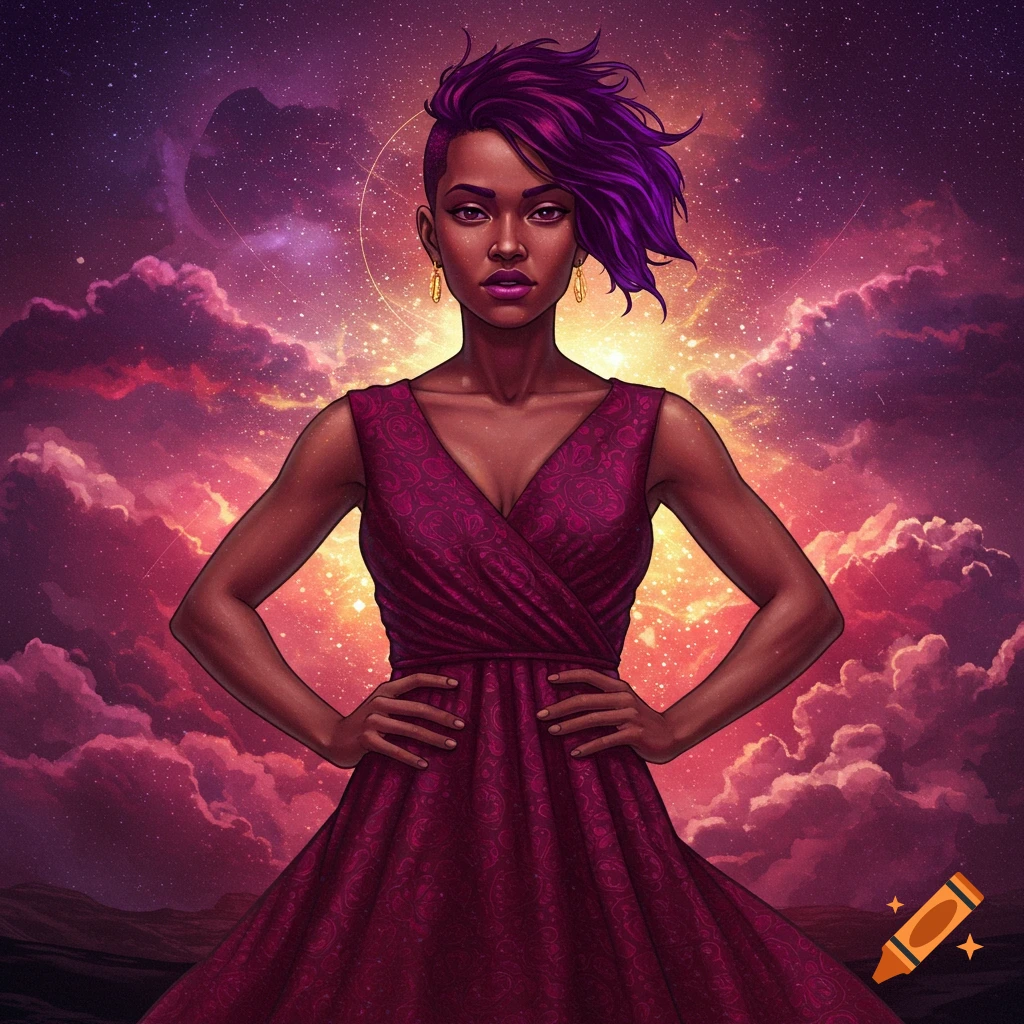 A woman with purple hair in a pink dress stands with hands on hips against a fantasy space background.