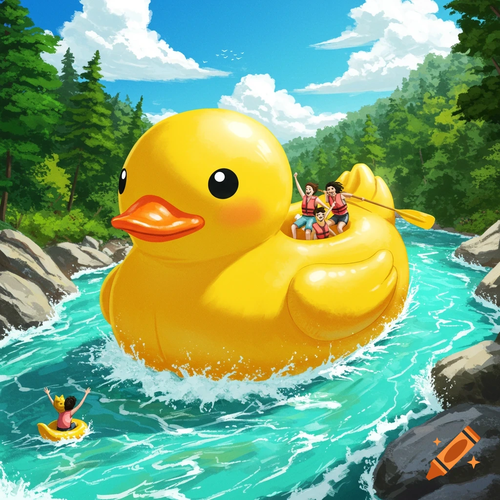 Illustration of people riding a giant rubber duck down a river.