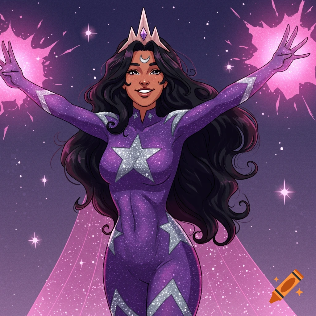 Female superhero in purple star suit, silver crown, using pink/purple powers in starry cosmic scene, comic art.