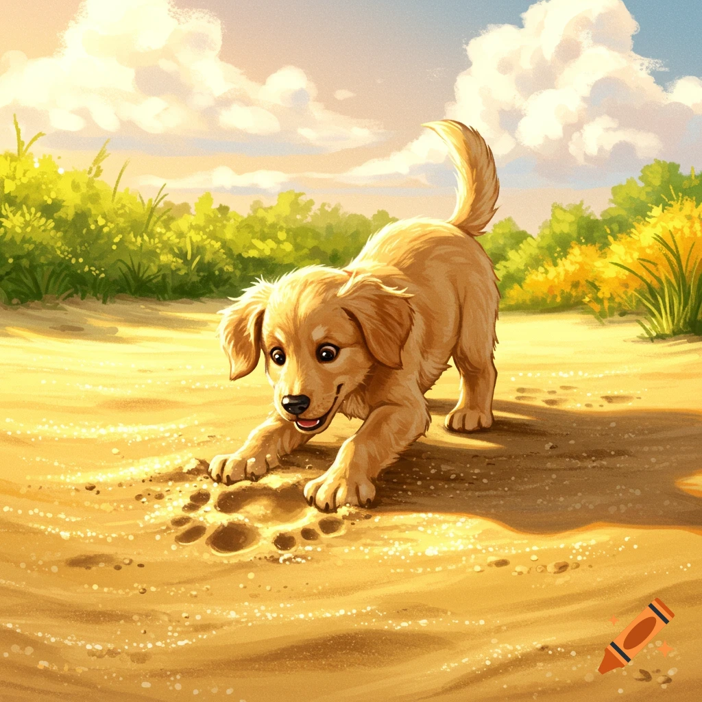A playful cartoon puppy makes paw prints in the sand on a sunny day.