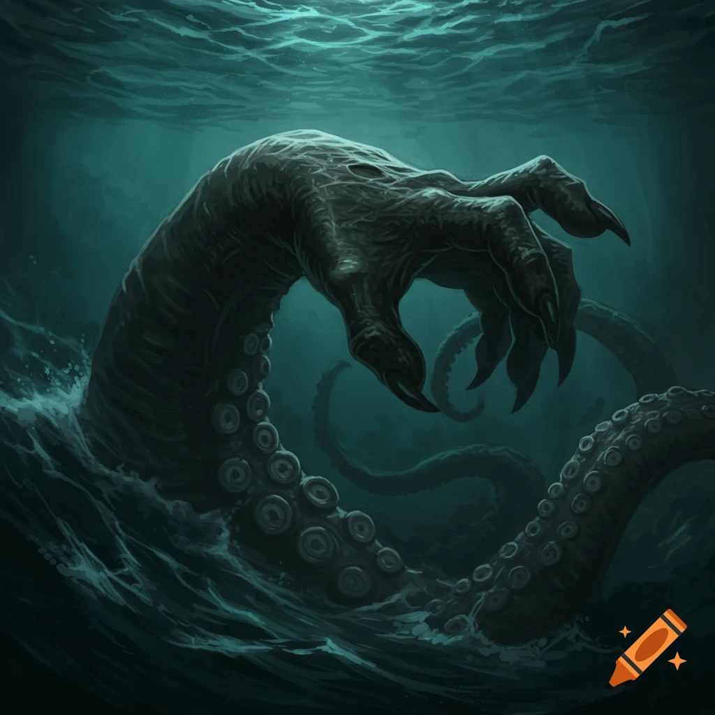 A dark, monstrous tentacle with claws reaches out of the stormy ocean water.