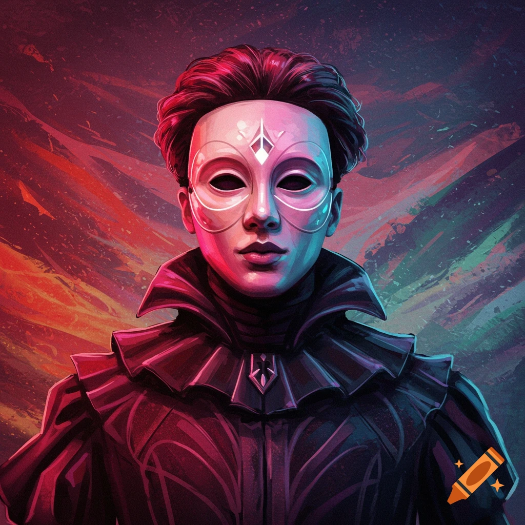 Portrait of a person in a white mask and elaborate dark clothing against a colorful, abstract background.