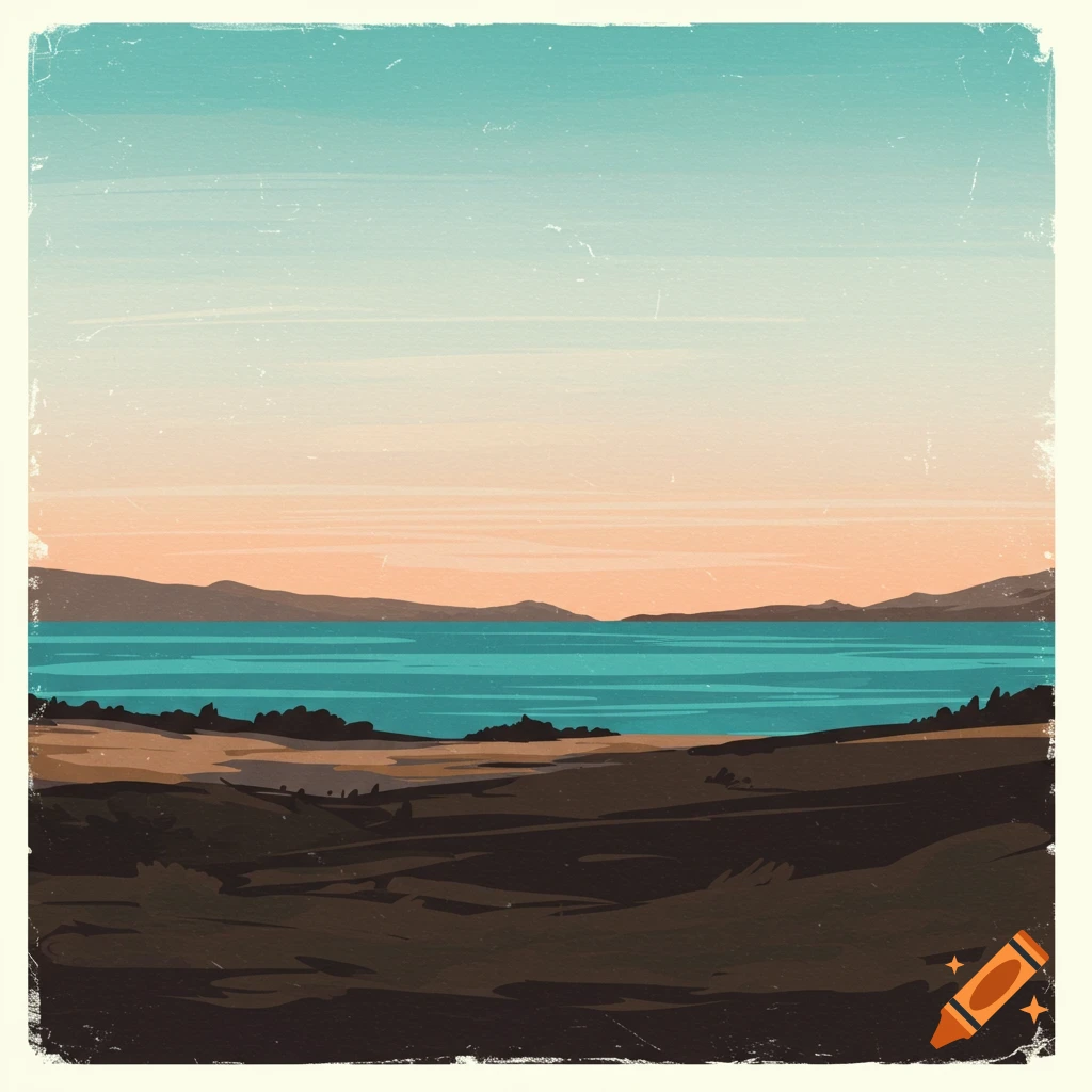 Minimalist illustration of a lake or sea bordered by land and mountains under a sky with a vintage, scratchy texture.