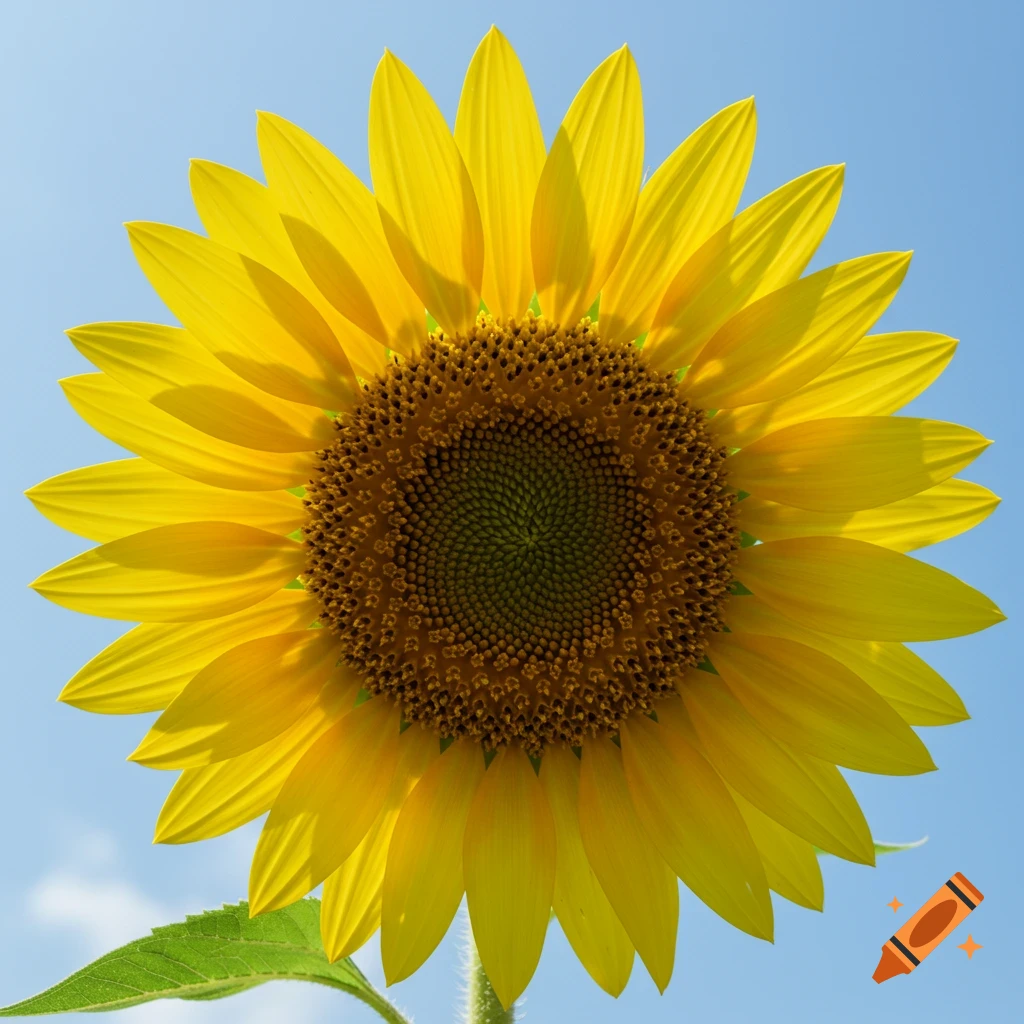 A close-up, photorealistic image of a vibrant yellow sunflower against a blue sky.