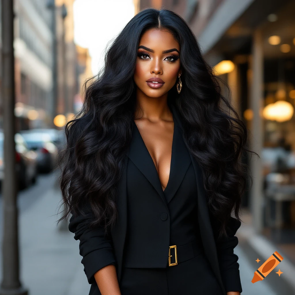 A woman in a black suit with a deep neckline stands on a city street.