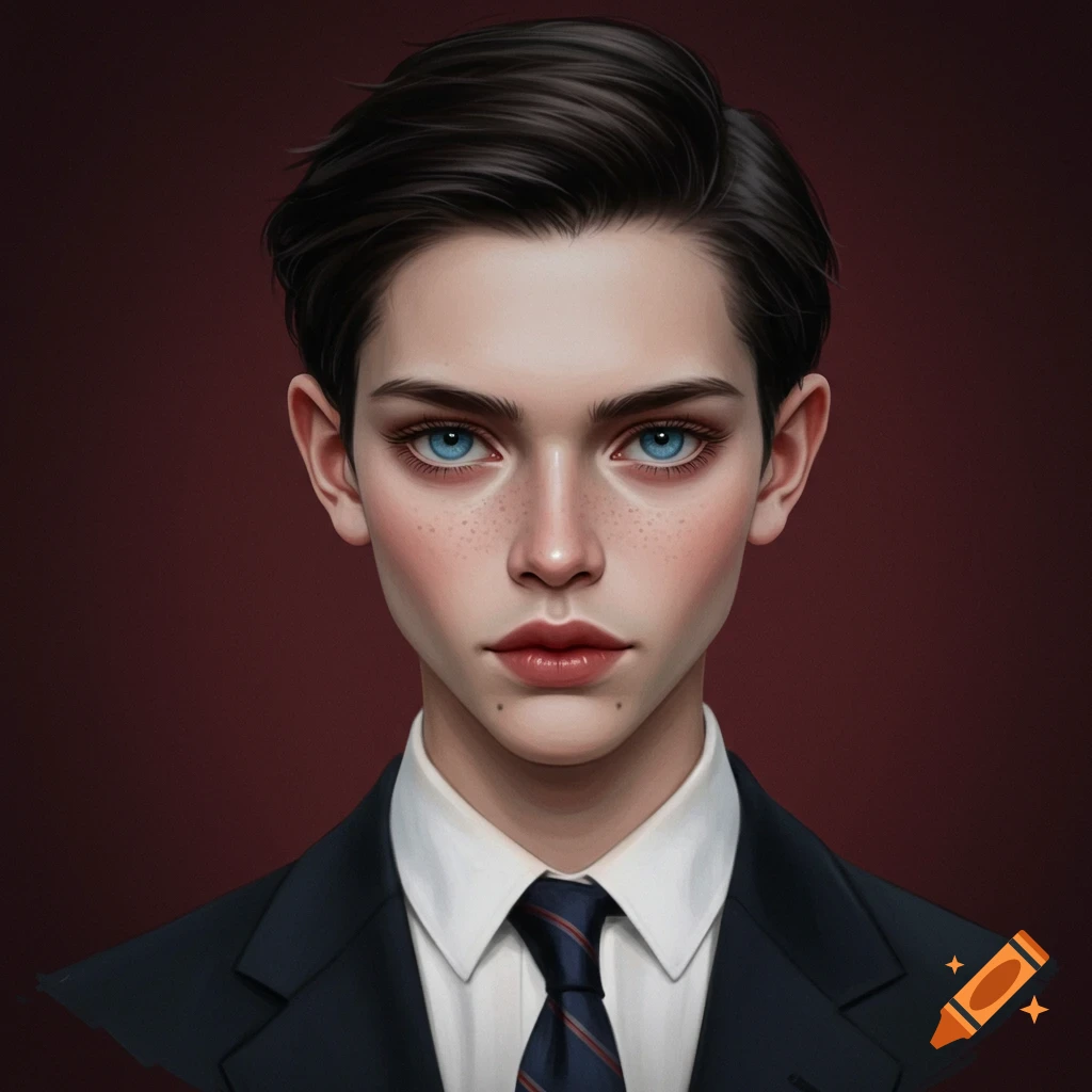 Illustrative portrait of a young person with blue eyes in a suit and tie.