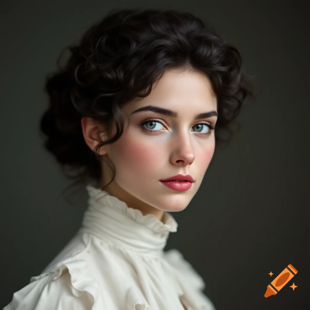 Portrait of a woman with dark curly hair and blue eyes wearing a white high-necked dress.