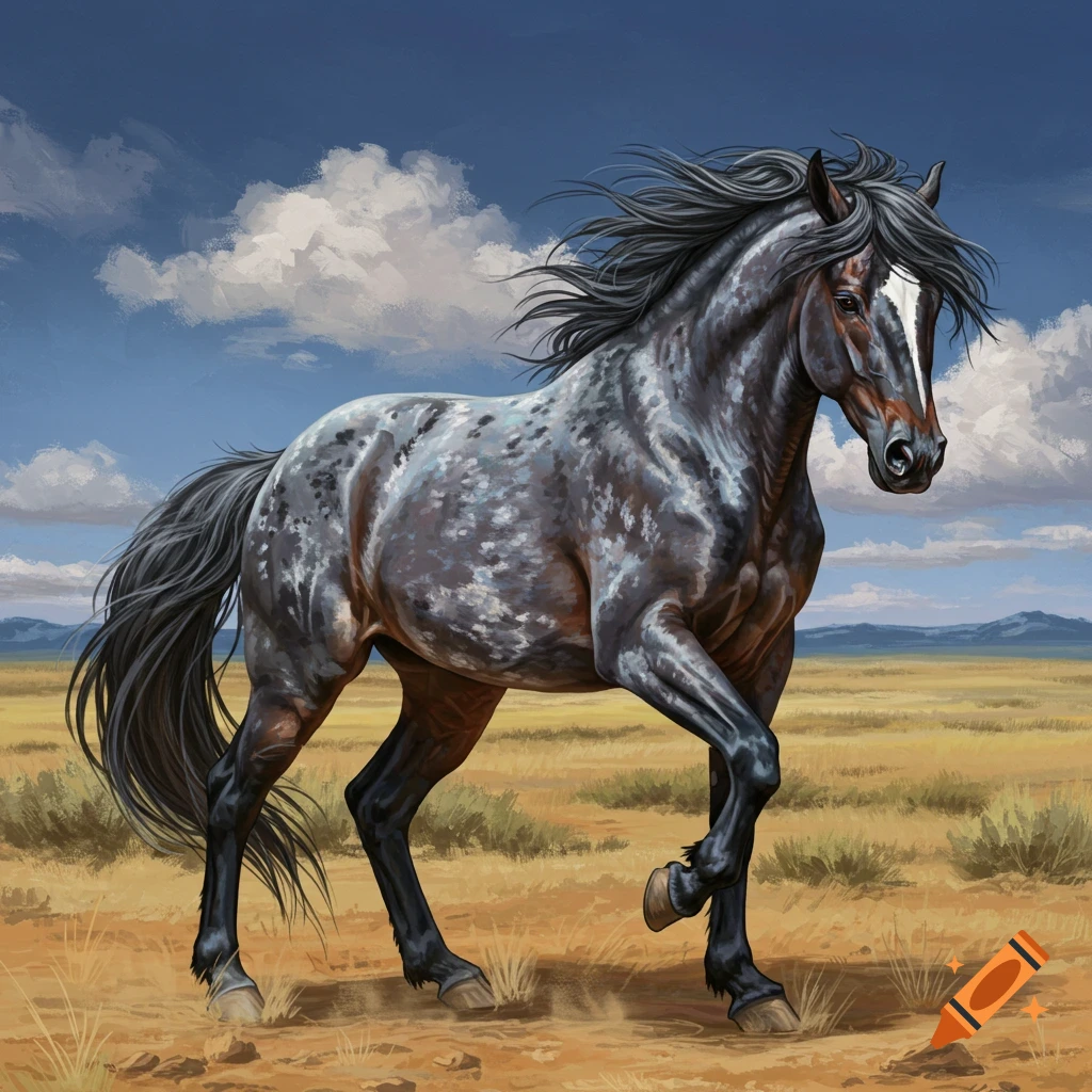 Blue roan mustang trotting through a grassy field under a cloudy sky.