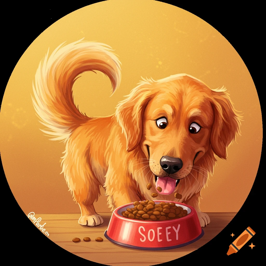 Cartoon golden retriever dog eating from a red food bowl