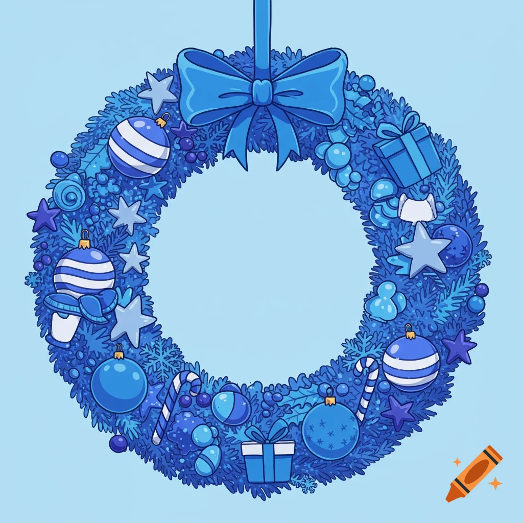 A blue Christmas wreath decorated with ornaments, stars, candy canes, and a large bow.