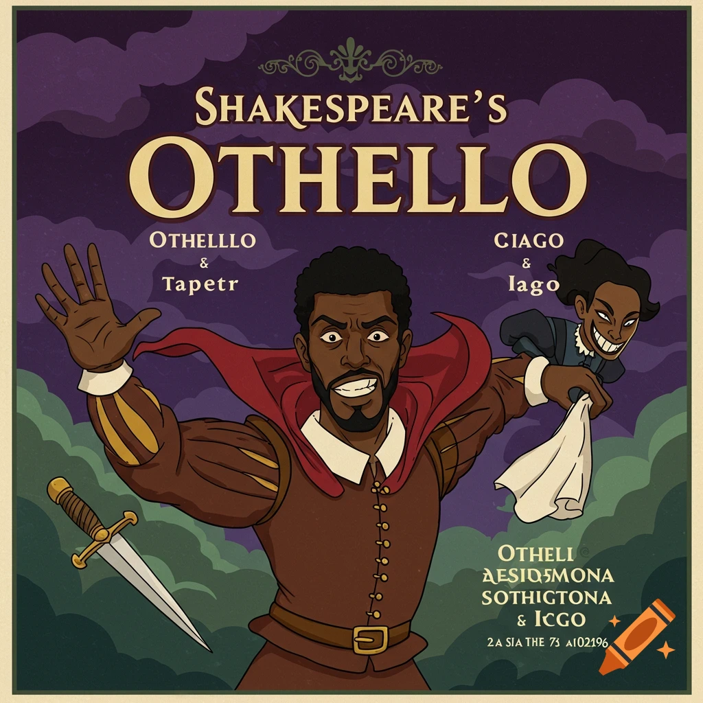 Cartoon poster for Shakespeare's Othello featuring Othello and Iago in a stylized illustration.