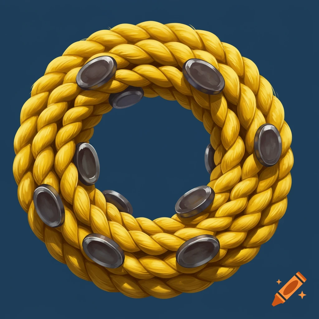 A stylized illustration of a circular yellow rope with oval dark objects embedded on a blue background.