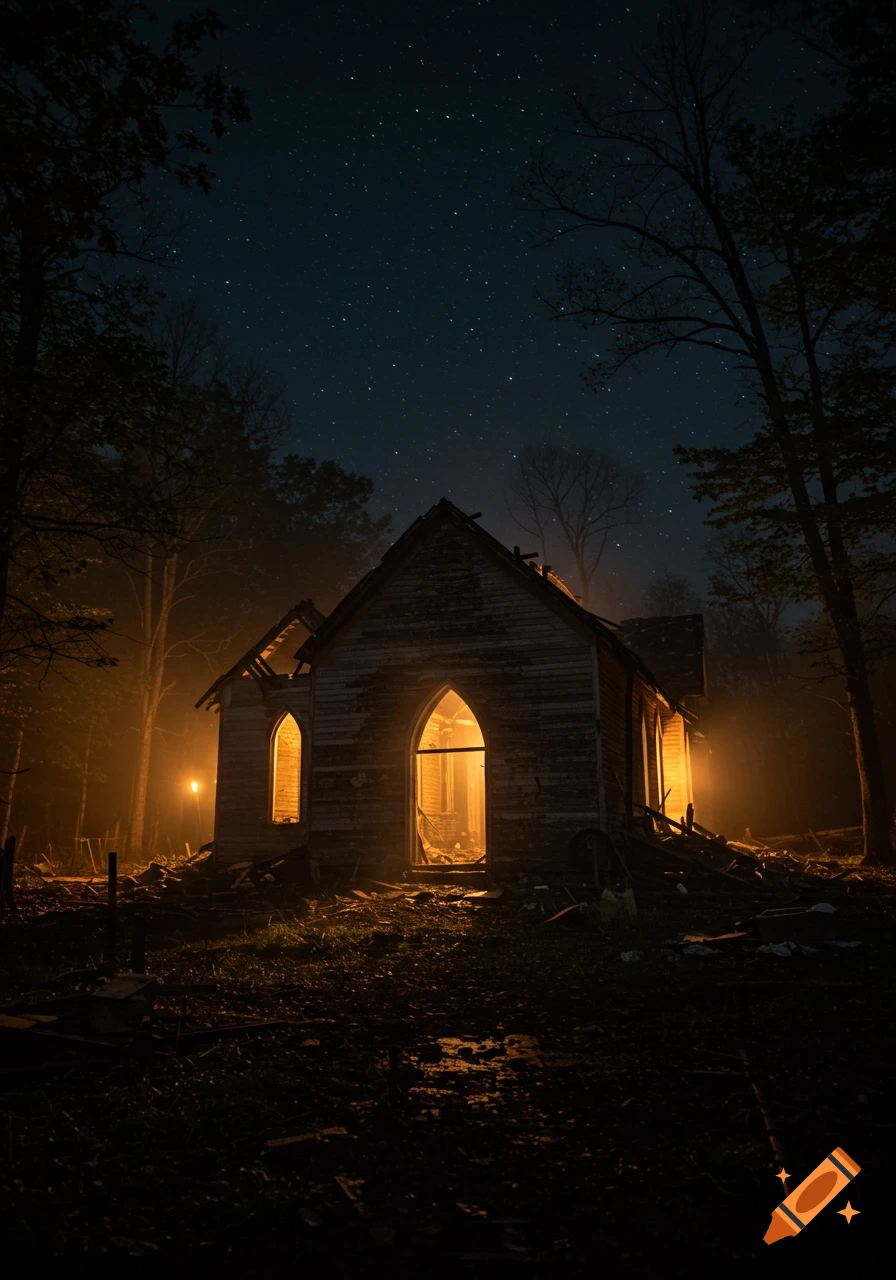 Ruined church in a forest clearing at night with light spilling from inside under a starry sky.