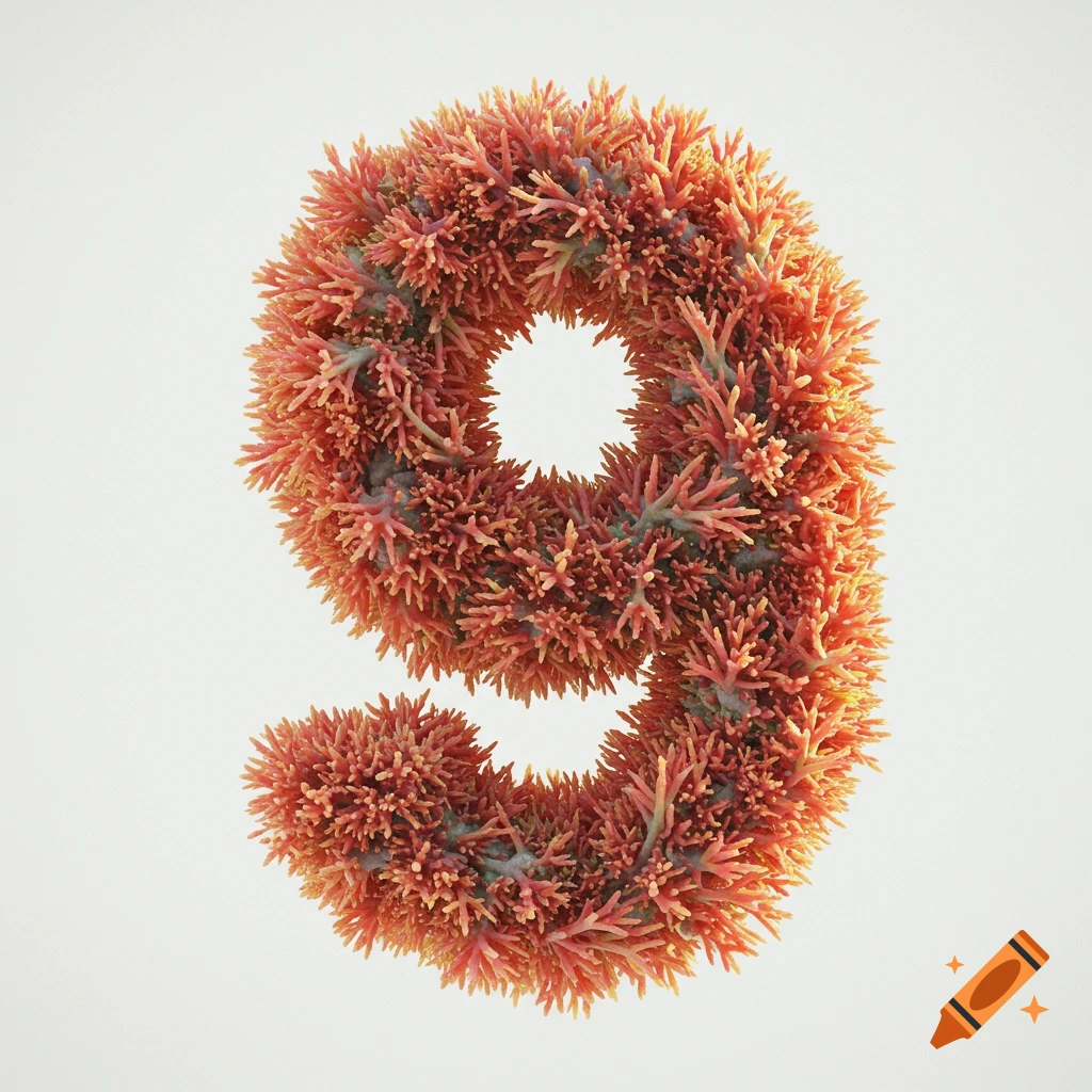 The number 9 is formed from dense, intricate red and orange coral branches against a white background.