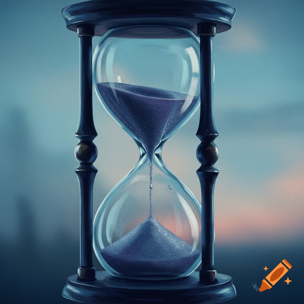 An illustration of an hourglass with blue sand falling.