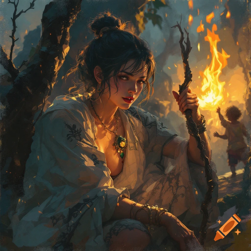 A woman in a forest holding a staff with fire, a figure is in the background near the fire.