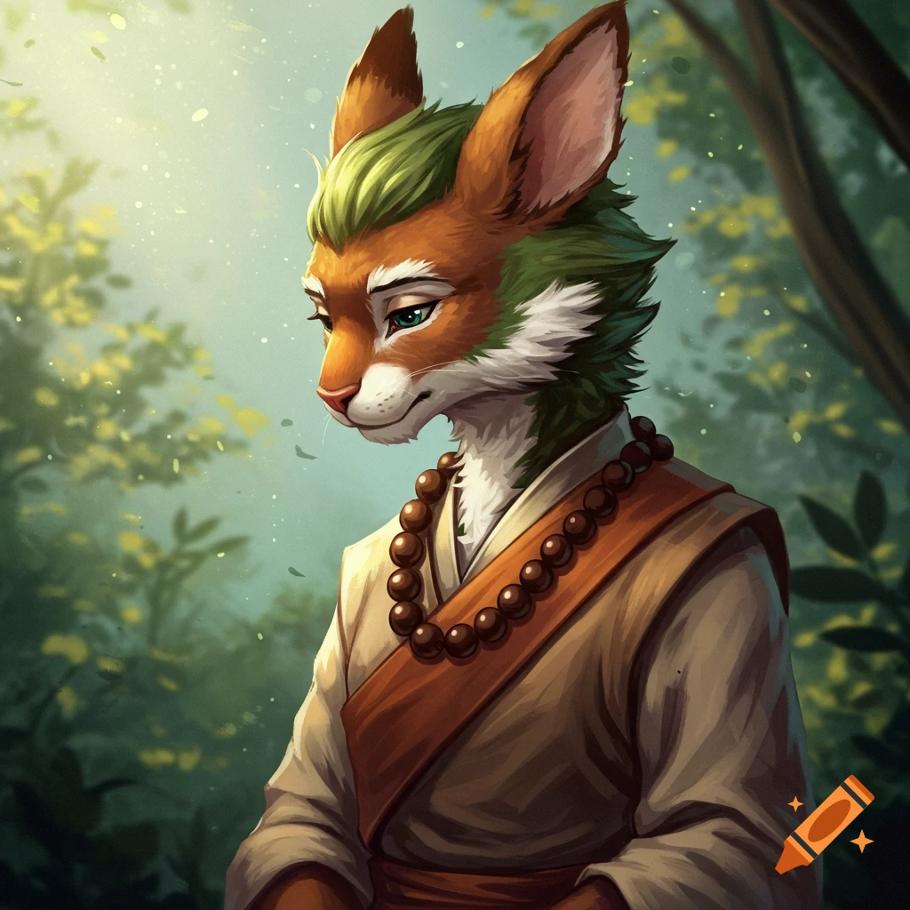 An anthropomorphic fox monk in robes and prayer beads in a forest.