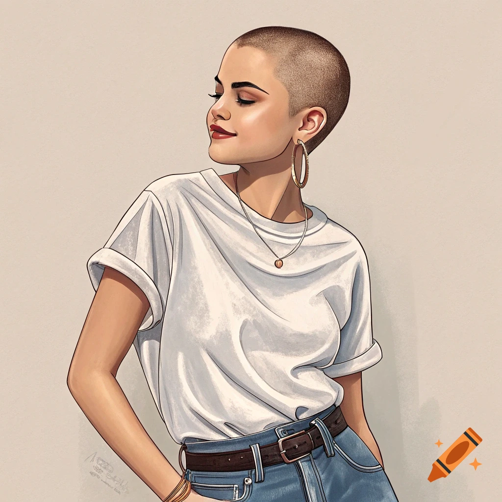 Stylized portrait of a woman with a shaved head wearing a white t-shirt and jeans.