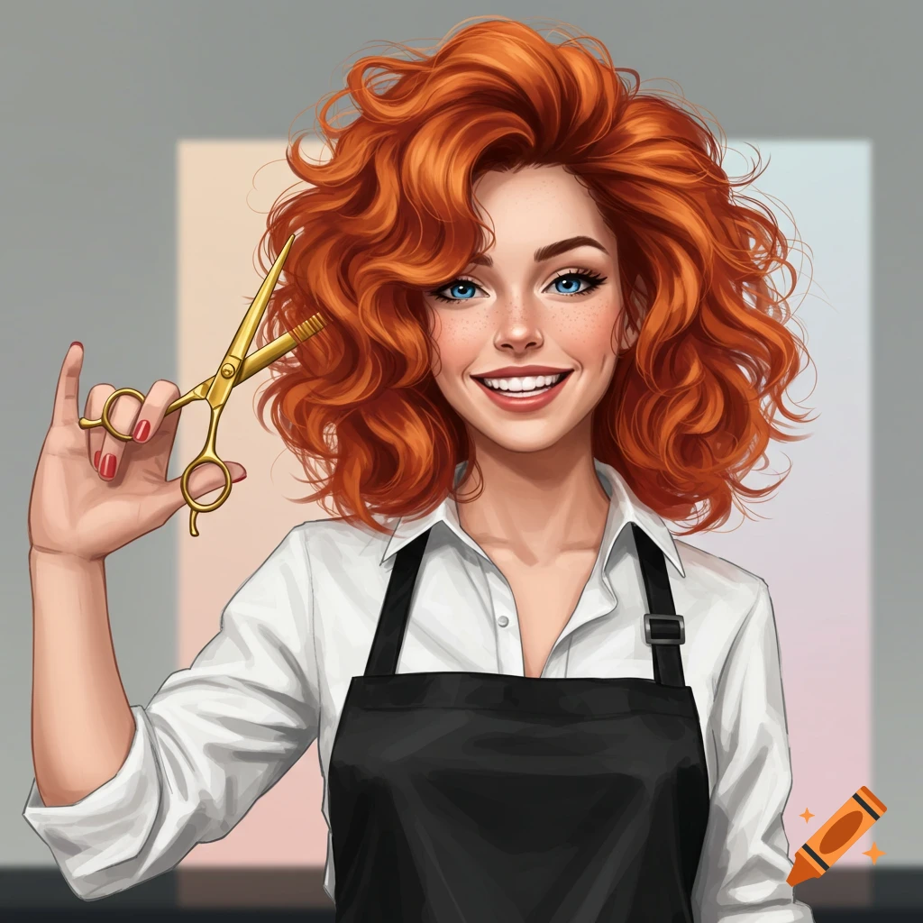 Illustration of a smiling red-haired woman, a hairdresser, holding gold scissors.