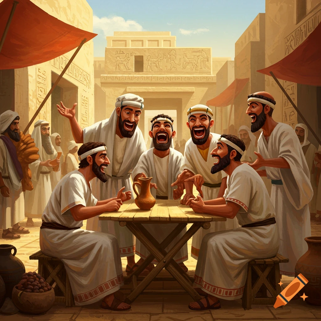 Ancient men laughing at a table in a bustling market street, illustration.