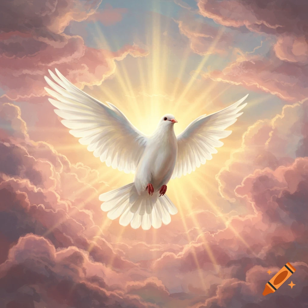 A white dove with spread wings flies through sunlit clouds