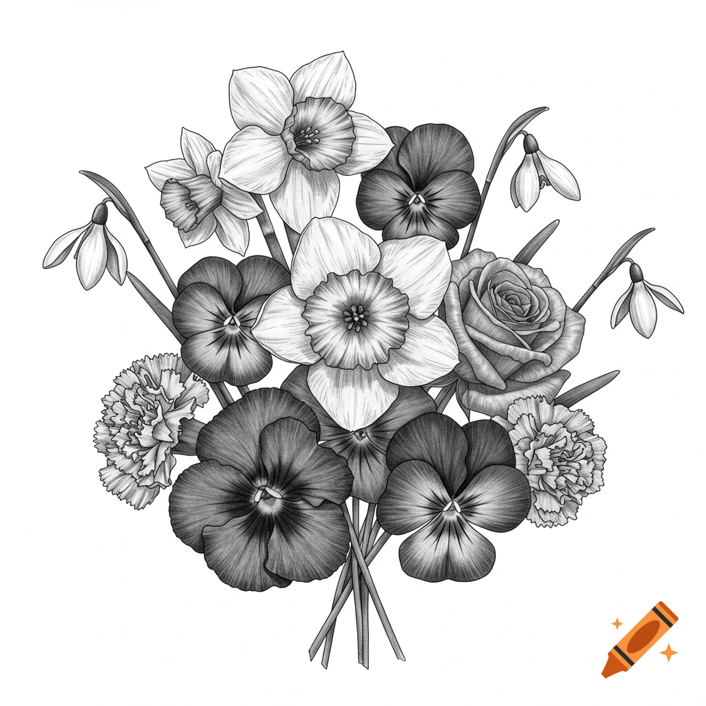 A black and white drawing of a bouquet of various flowers