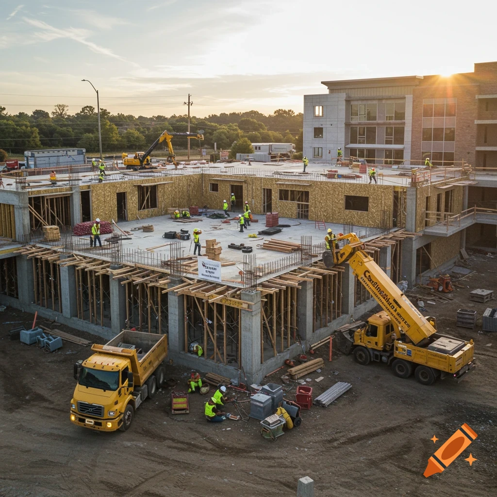 Aerial view of a construction site with a building under construction, workers, dump truck, and crane at sunset.