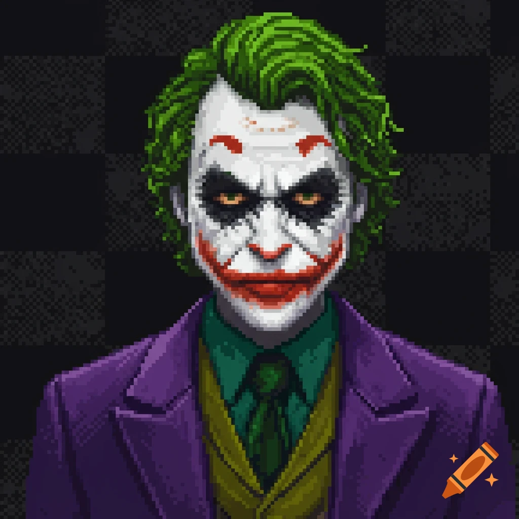 Pixel art portrait of the Joker character.