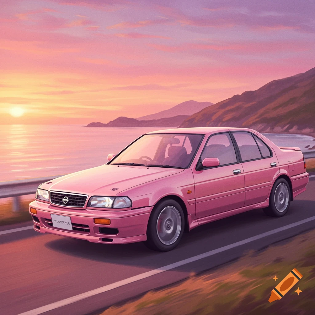 A pink sedan drives on a coastal road at sunset, with the ocean and mountains in the background.