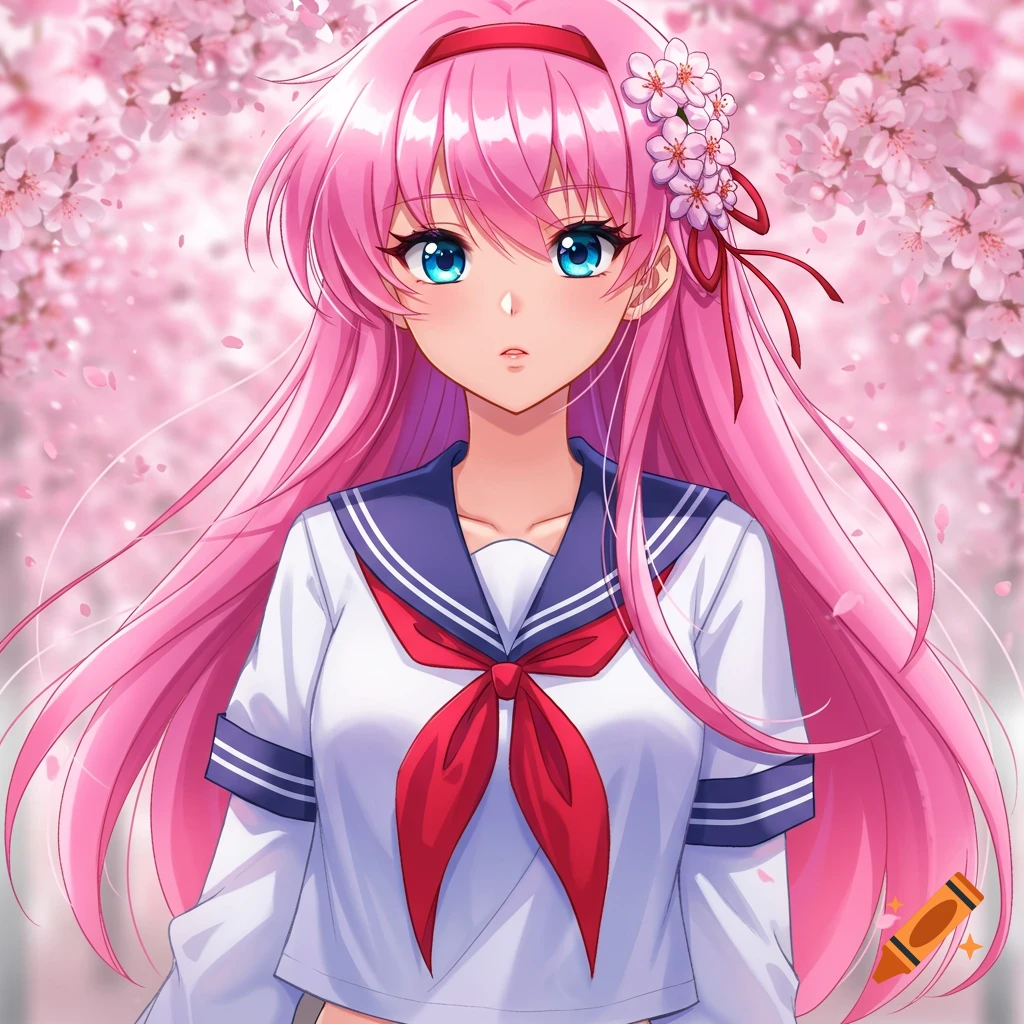 Anime girl with pink hair and blue eyes in a school uniform among cherry blossoms.