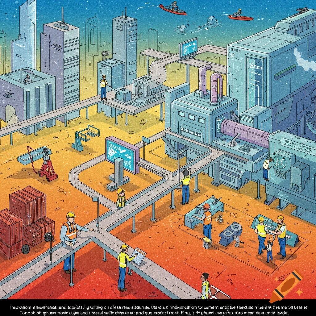 A stylized illustration of a factory floor with workers, machines, conveyor belts, and a city background.