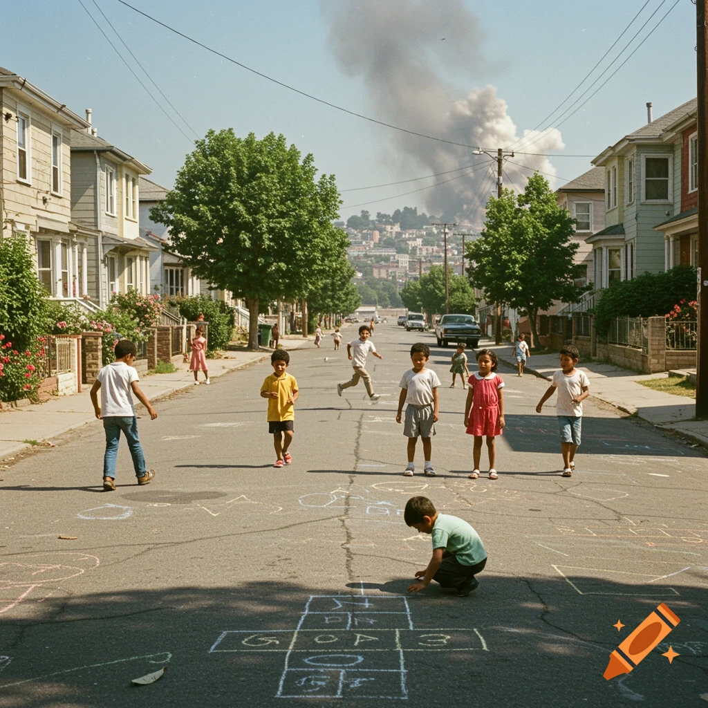 Children play hopscotch on a street in a neighborhood with distant smoke, vintage photo style.