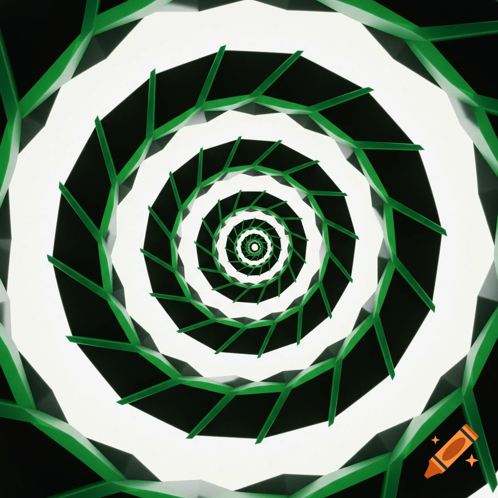 A 3D geometric spiral pattern in green and black on a white background.