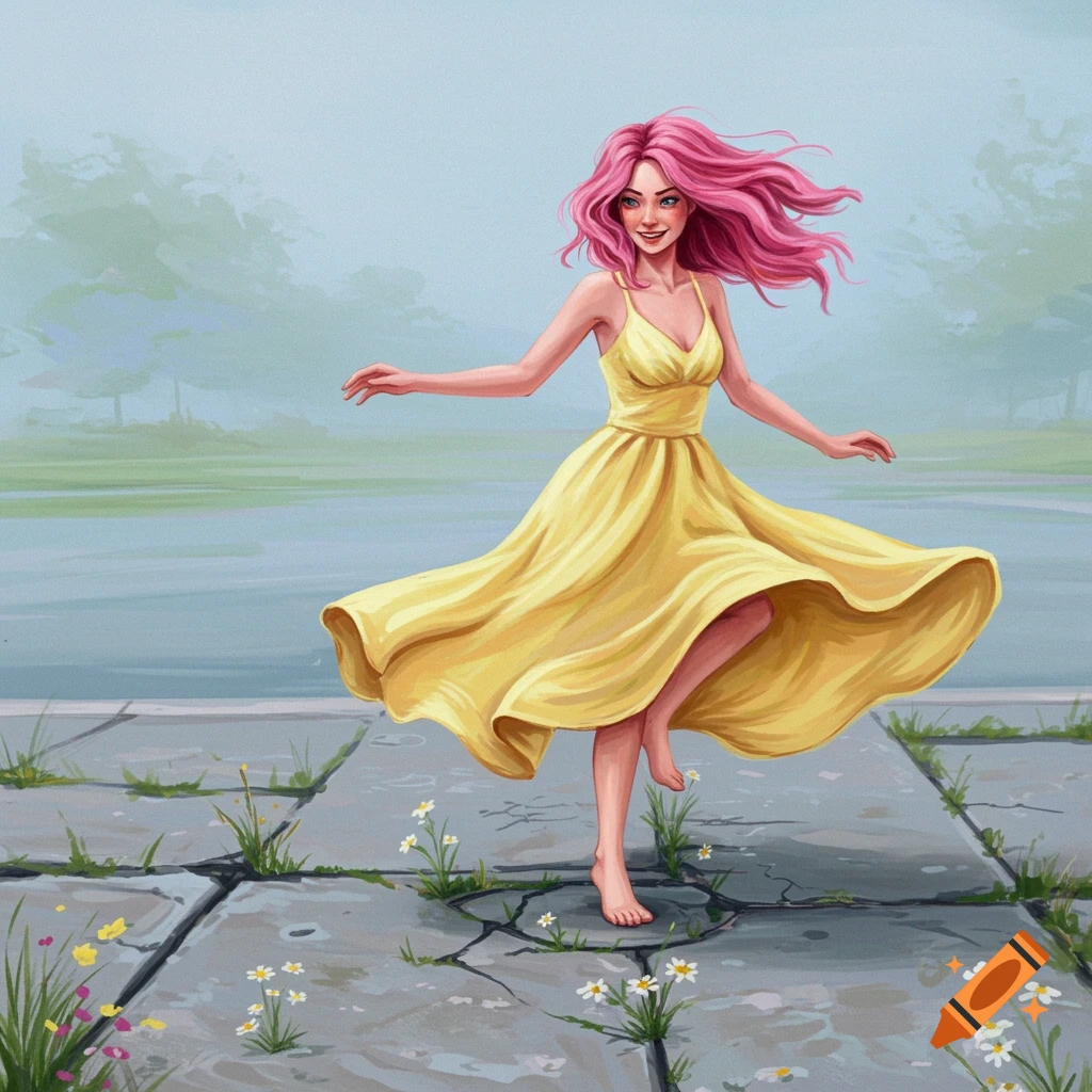 A woman with pink hair in a yellow dress is dancing on a cracked sidewalk.
