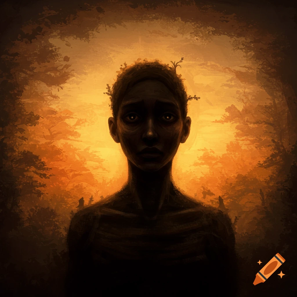 Dark, painterly illustration of a gaunt figure with glowing eyes in a dark forest background.