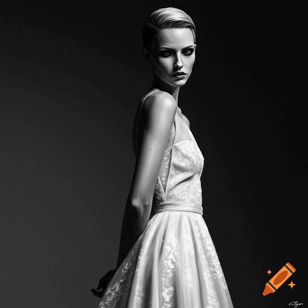 Black and white portrait of a woman with short hair wearing a white dress