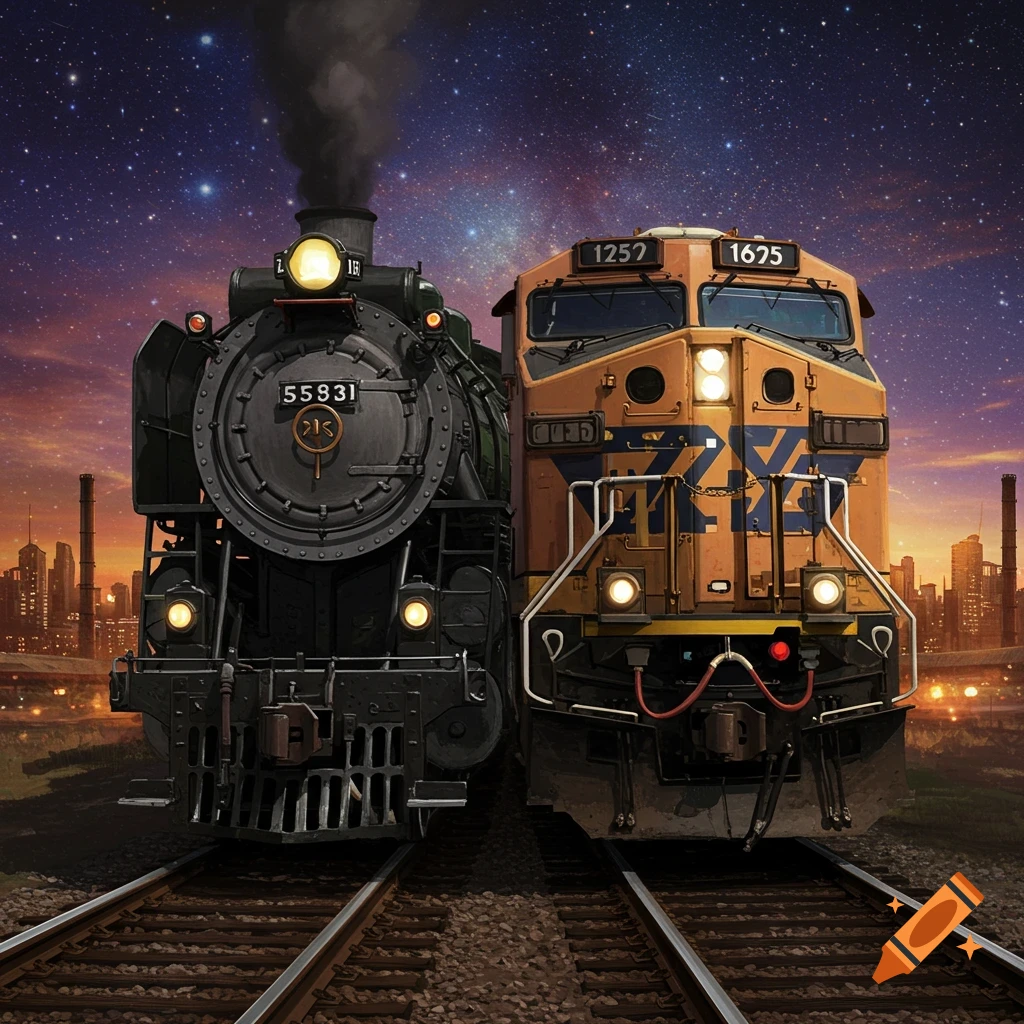A steam locomotive and a diesel locomotive on tracks under a starry sky with a city skyline.