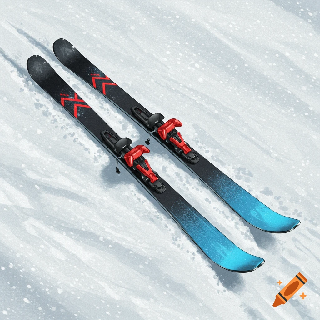 Pair of black and blue skis with red bindings on snow, illustration.