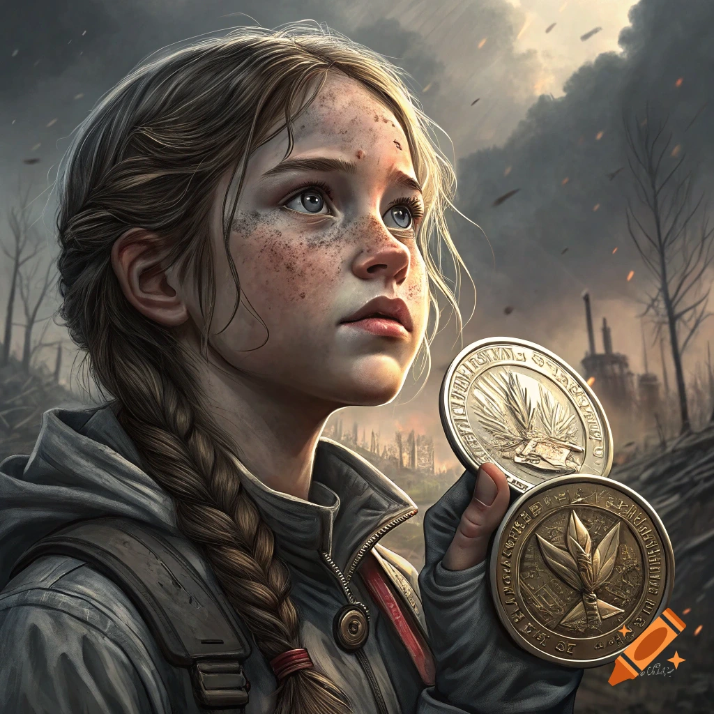 Young girl holding ornate coins in a smoky post-apocalyptic landscape, illustration style.