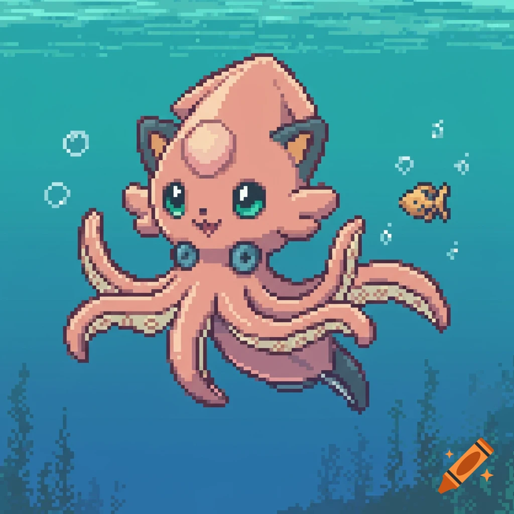 Pixel art of a pink squid-kitten creature swimming underwater with a fish.