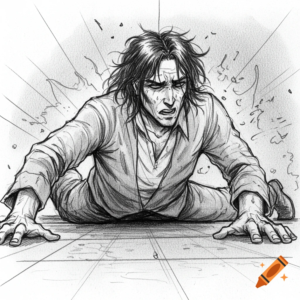 Dramatic pencil sketch of a man with long hair struggling to get up from the ground.