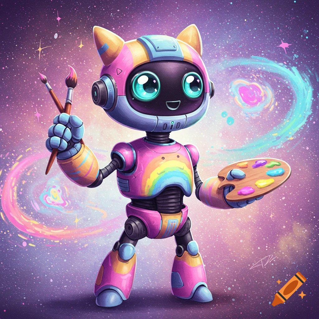 Cute robot with cat ears holding paint brushes and a palette in space
