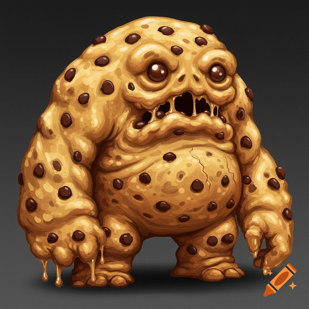 A cartoonish cookie dough monster with chocolate chips and gooey drips.