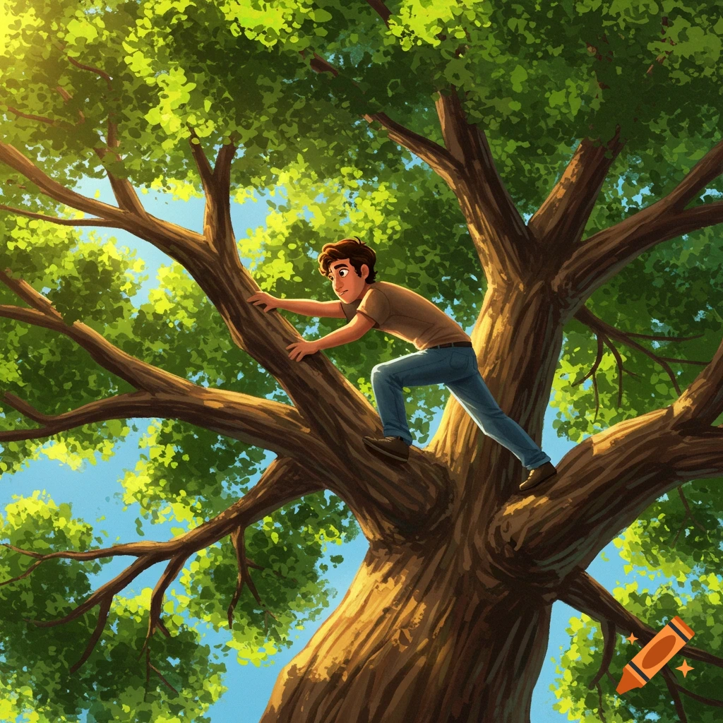 An illustration of a young person climbing a large tree.