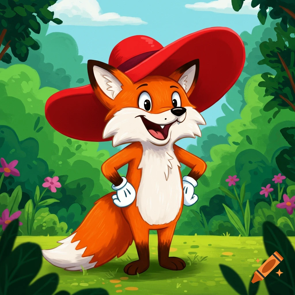 A cartoon fox wearing a red hat and white gloves stands in a forest.