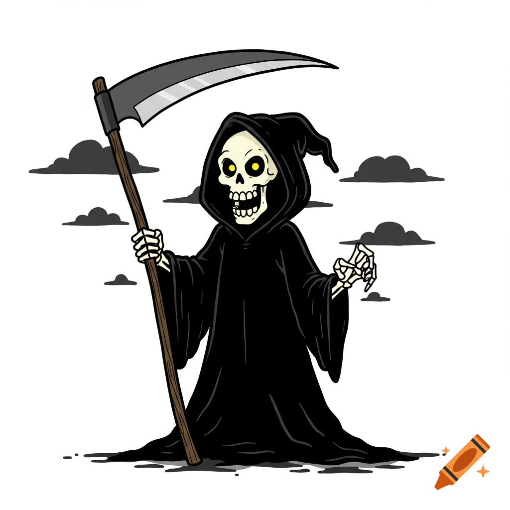 Cartoon grim reaper holding a scythe